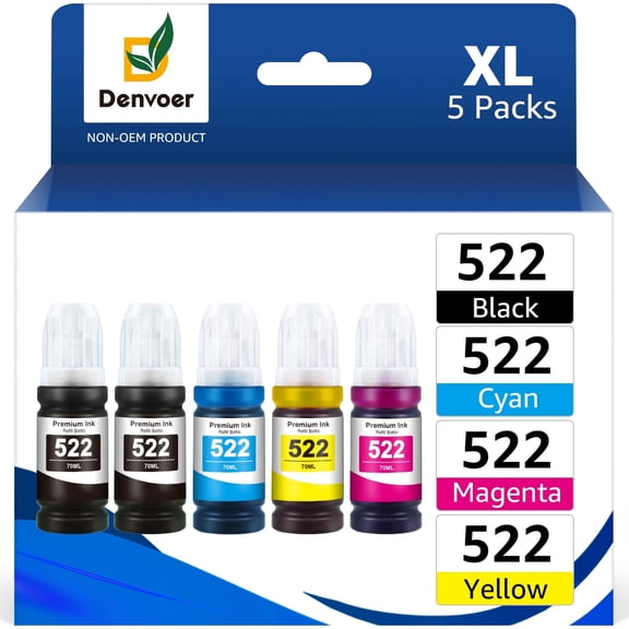 522 Ink Refill Kit Compatible for Epson 522 Ink Bottles Use for Epson EcoTank ET-2803 Wireless All-in-One Cartridge-Free Printer (5 Pack)