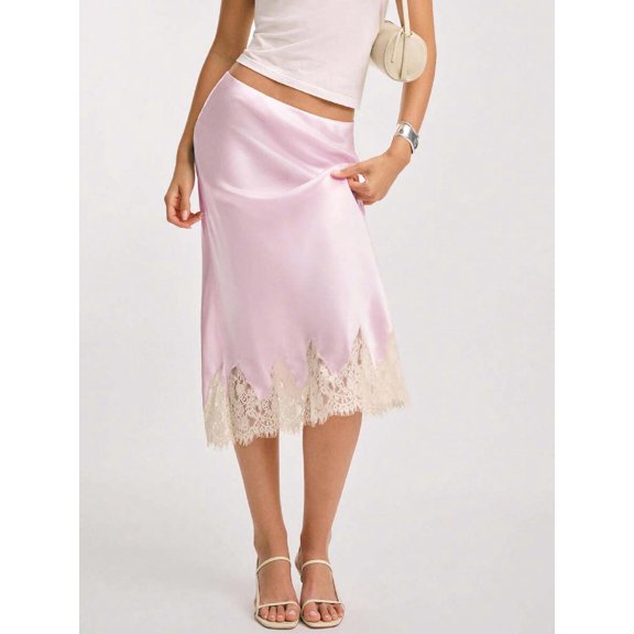 Pink Silk Satin Midi Skirt With Lace Trim Elastic Waist A-Line Flowy