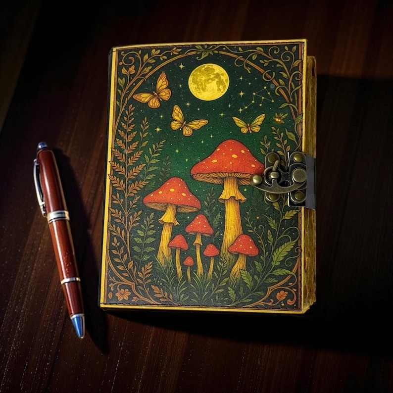 Mushroom Leather Grimoire – Vintage Book of Shadows, 200 Pages Witchcraft Spellbook, Wiccan Pagan Gothic Witchy Magic Journal