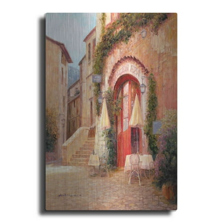Luxe Metal Art 'Eze Village Café France' by Haixia Liu, Metal Wall Art, 24"x36"