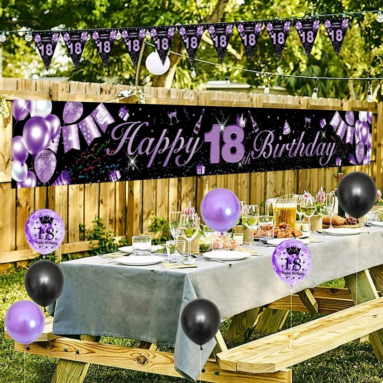 AYUQI 18th Birthday Decorations Black Purple Happy 18th Birthday Yard Banner 18th Happy Birthday Balloons for Boys Girls Men Women 18th Anniversary