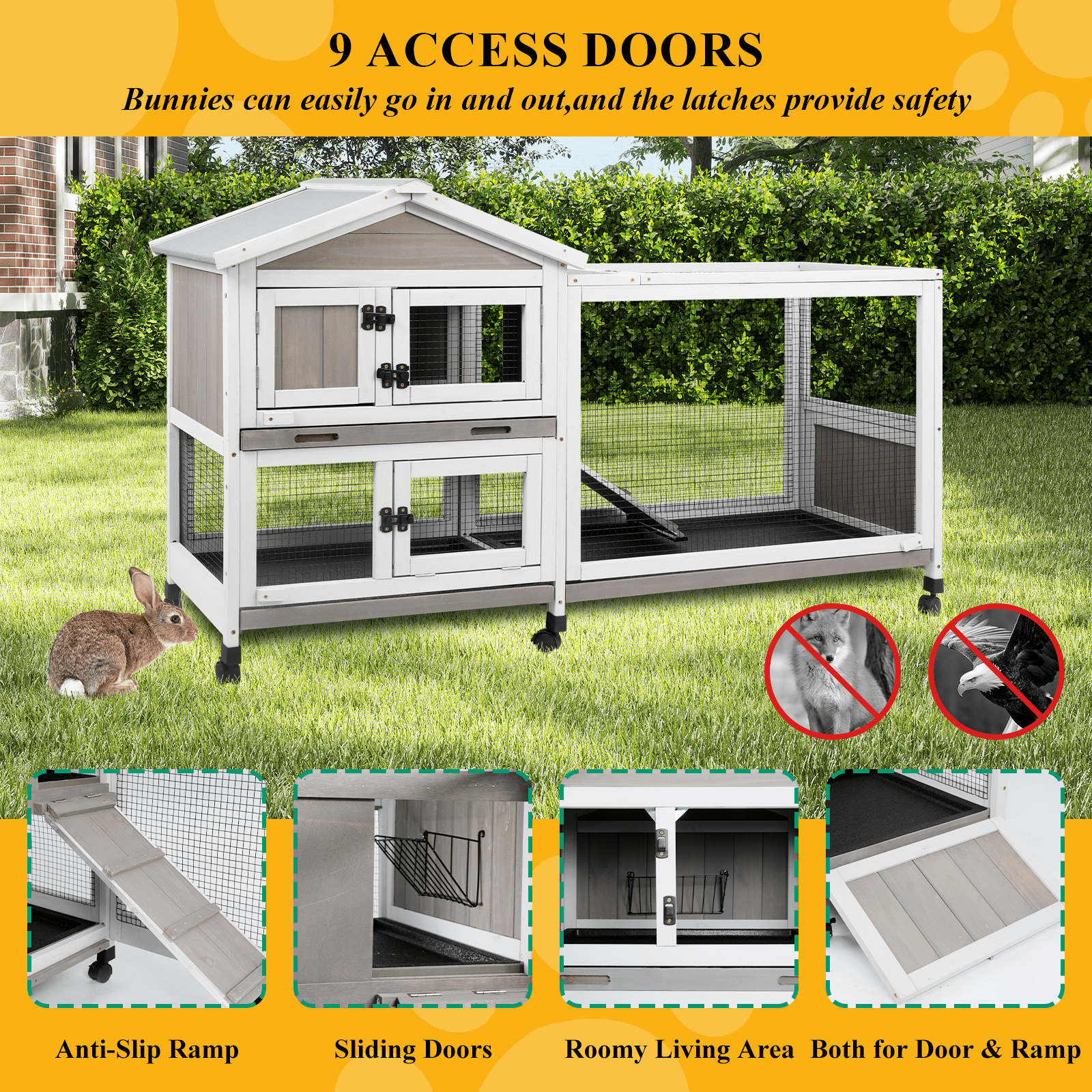 PETSCOSSET Small Animal Hutch, Indoor Outdoor Safe &Durable All-Climate Rabbit Hutch, Fir Wood Cage with Wheels