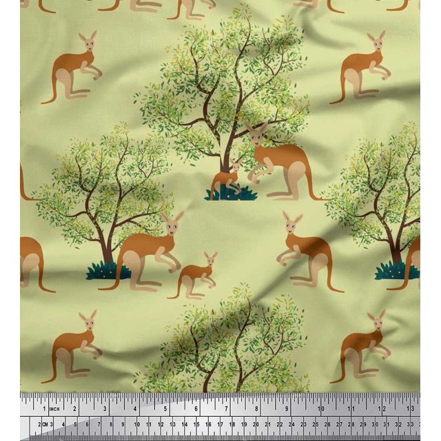 Soimoi Moss Georgette Fabric Tree & Kangaroo Animal Fabric Prints by Yard 42 Inch Wide