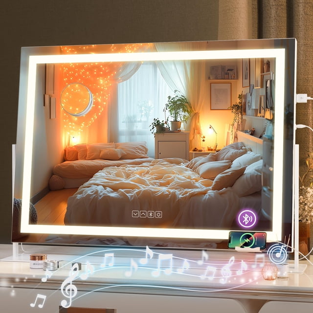 Espejo de tocador Hasipu LED de 28 x 20 cm con altavoz Bluetooth, color blanco