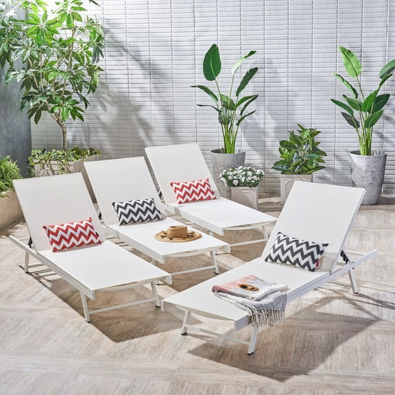 Castiel Outdoor Aluminum and Mesh Chaise Lounges, Set of 4, White