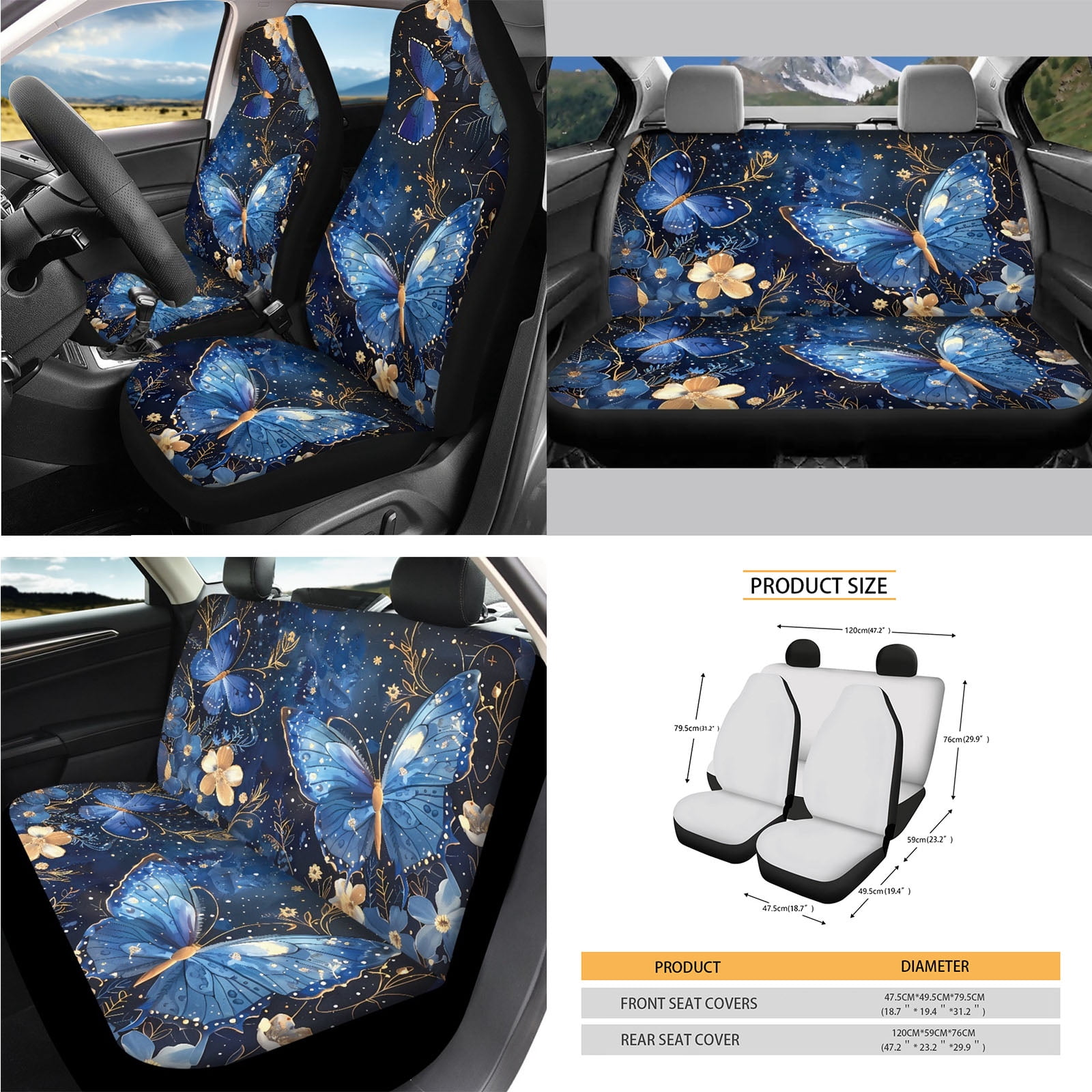 Yuyamidu Blue Butterfly Car Seat Cover Set of 14 Fashion Steering Wheel Cover Seat Belt Cover Garbage Bin Armrest Cover Rearview Mirror Cover Cup Mat Gear Shift Knob Cover Handbrake Cover