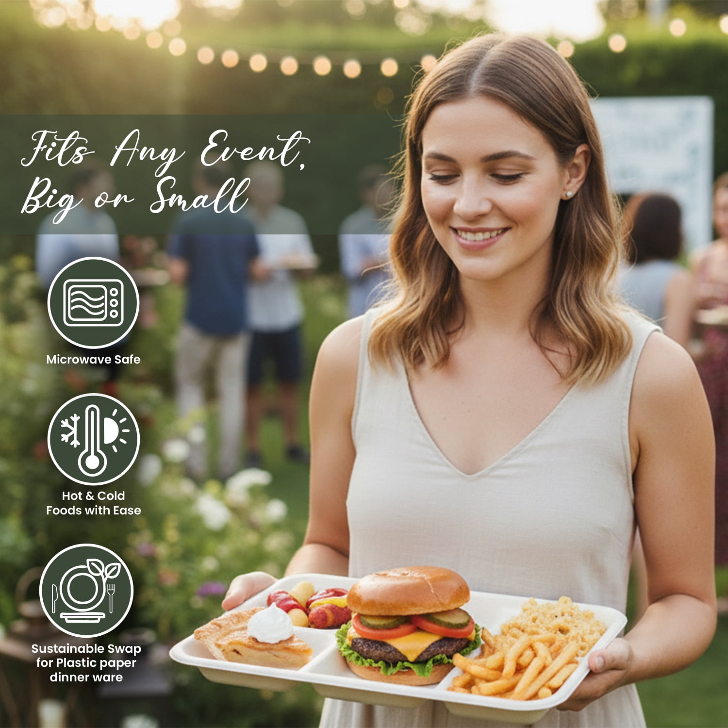 FPN Paper Plates 5-Compartment 125 Pack Disposable Plate– Sugarcane Fiber, Compostable, Paper Plates for Meals, Catering, School Lunch, Microwave & Freezer Safe