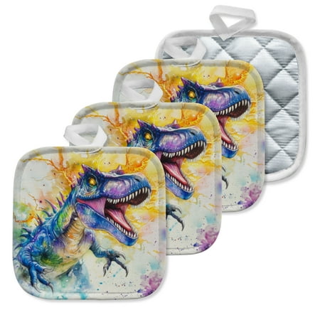 

4Pcs Pot Holder for Kitchen Gorgeous Electric - Hued Dinosaur Composition Square Heat Resistant Hotpads 8x8in Non Slip Dirt-Proof Kitchen Cook Oven Potholders Machine Washable