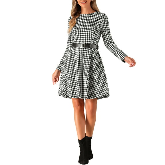 INSPIRE CHIC Women's Dress Houndstooth Plaid Crew Neck Long Sleeves Belt A-Line Dress with Pockets XS Black White