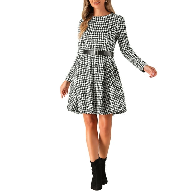 Vestido A-Line de Cuello Redondo de Manga Larga con Cinturón y Bolsillos para Mujer INSPIRE CHIC en Cuadros Houndstooth XS Negro Blanco