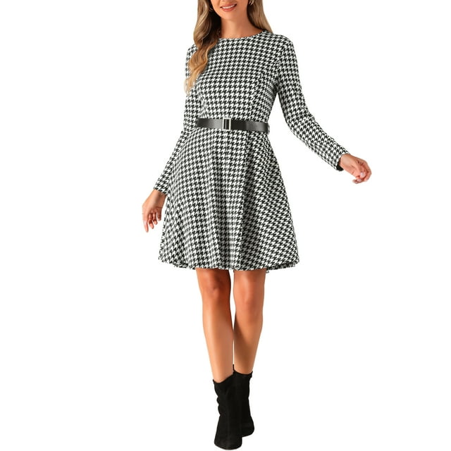 Vestido A-Line de Cuello Redondo de Manga Larga con Cinturón y Bolsillos en Houndstooth para Mujeres INSPIRE CHIC S Negro Blanco