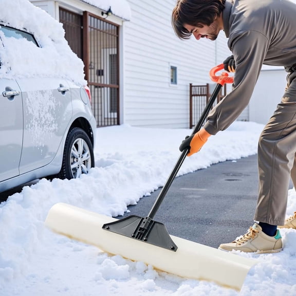 Wide 48-Inch Snow Pusher for Driveway, Heavy-Duty Plastic Shovel with Comfort Grip Handle