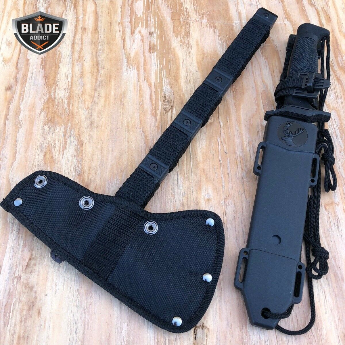 2PC Outdoor Camping Fixed Blade Survival Hunting Knife w/ Axe Hatchet