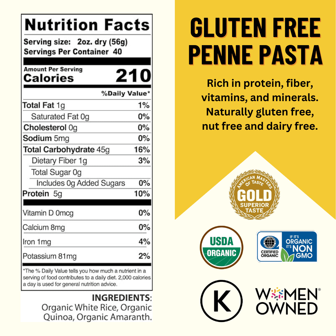 Pasta, Penne 6/1LB BAGS Certified Gluten Free, USDA Organic & GMO Free, Wheat & Corn-Free, Made w/3 Ingredients -Mountain High Organics