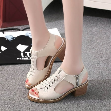 

Njoeus Women Sandals Thick Heel Mid Hollow Roman Heel Hollow Middle Heel Shoes