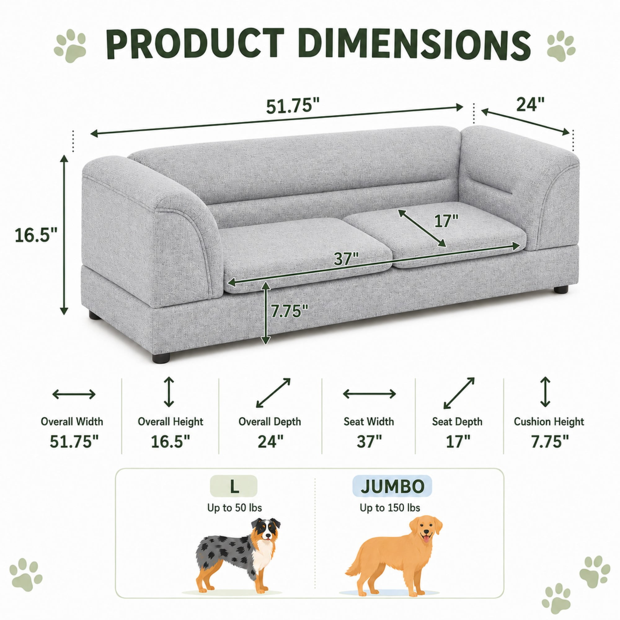 Aenkyo 52" Large Dog Sofa Bed, Linen Pet Couch with Removable Cushions, Light Gray