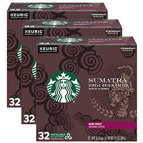 Starbucks Coffee K-Cup Pods, Sumatra Single-Origin Coffee, Dark Roast Ground Coffee, Keurig Genuine K-Cup Pods, 32 Ct K-Cup Pods Per Box (Pack Of 3 Boxes)
