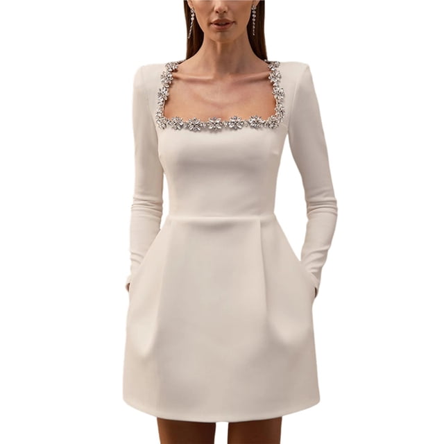Vestido Midi Ajustado de Terciopelo para Mujer, Elegante Vestido de Cóctel de Larga con Escote Cuadrado y Dobladillo con Volantes Crema L