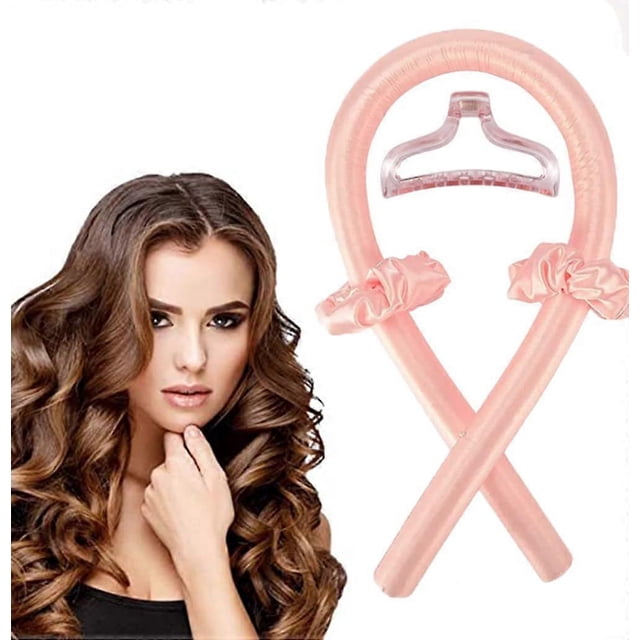Rizadores sin calor para cabello largo, set para ondas nocturnas con horquillas y anillos, espuma suave rosa.