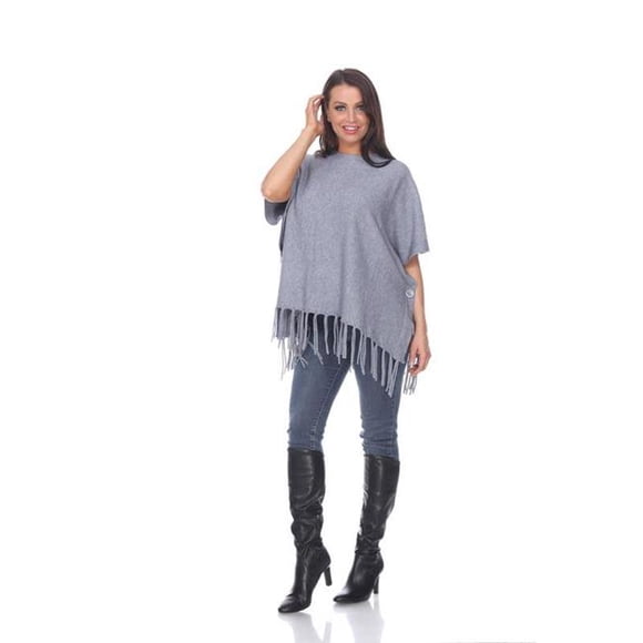 Megara Side Buttons Oned Fringe Poncho, Grey - One Size