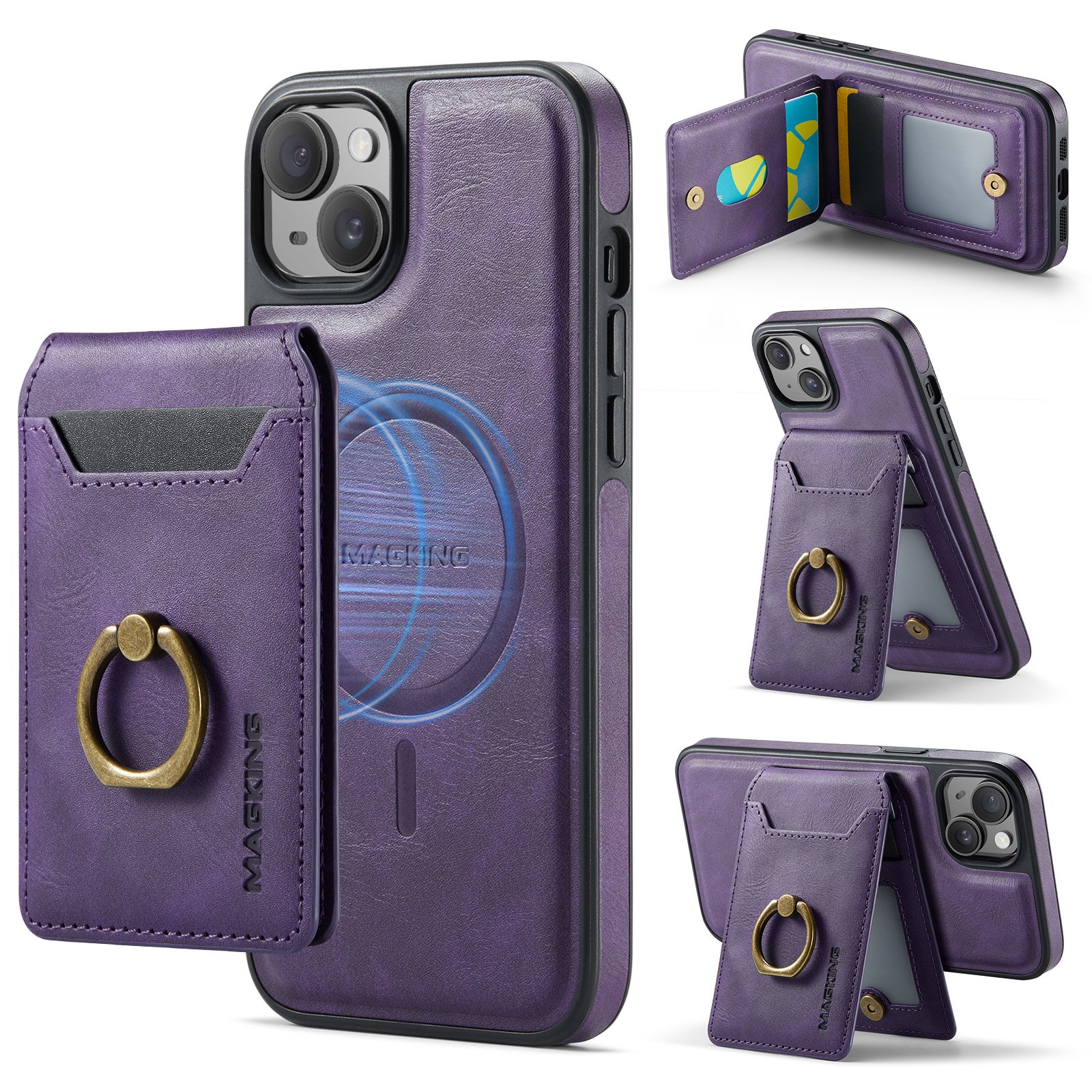 2 in 1 Function Detachable Magnetic Phone Cases Compatible with iPhone 14 Case with Card Holder Ring Compatible with Magsafe Wallet Slim Fit PU Leather Men RFID Blocking Purple