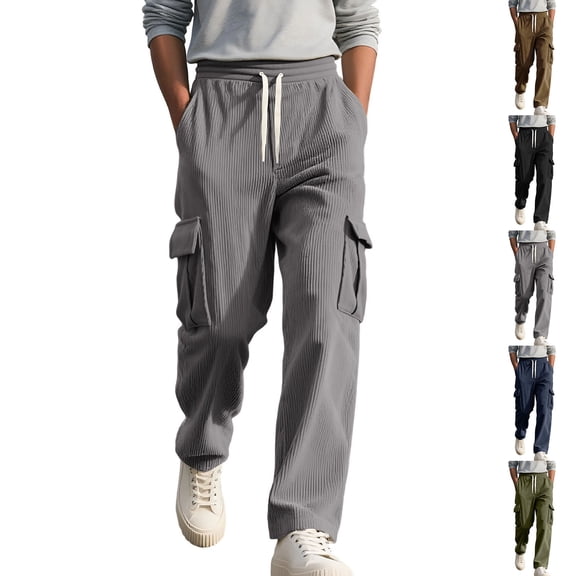 Corduroy Cargo Pants for Men Straight Leg Relaxed Fit Multi Pocket Drawstring Outdoor Work Pants
