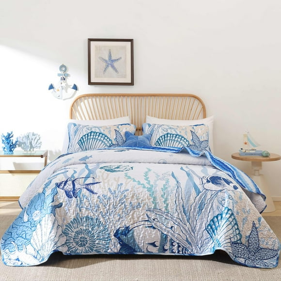 Juego de cama Djoymock Queen, 244 x 229 cm, reversible, azul océano