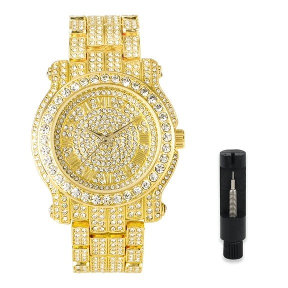 Techno Pave Men's 45mm Iced Out Diamond Watch with Roman Dial - Simulated Crystals - Bling-ed Out Adjustable Metal Band - 14k Gold Tone Finish