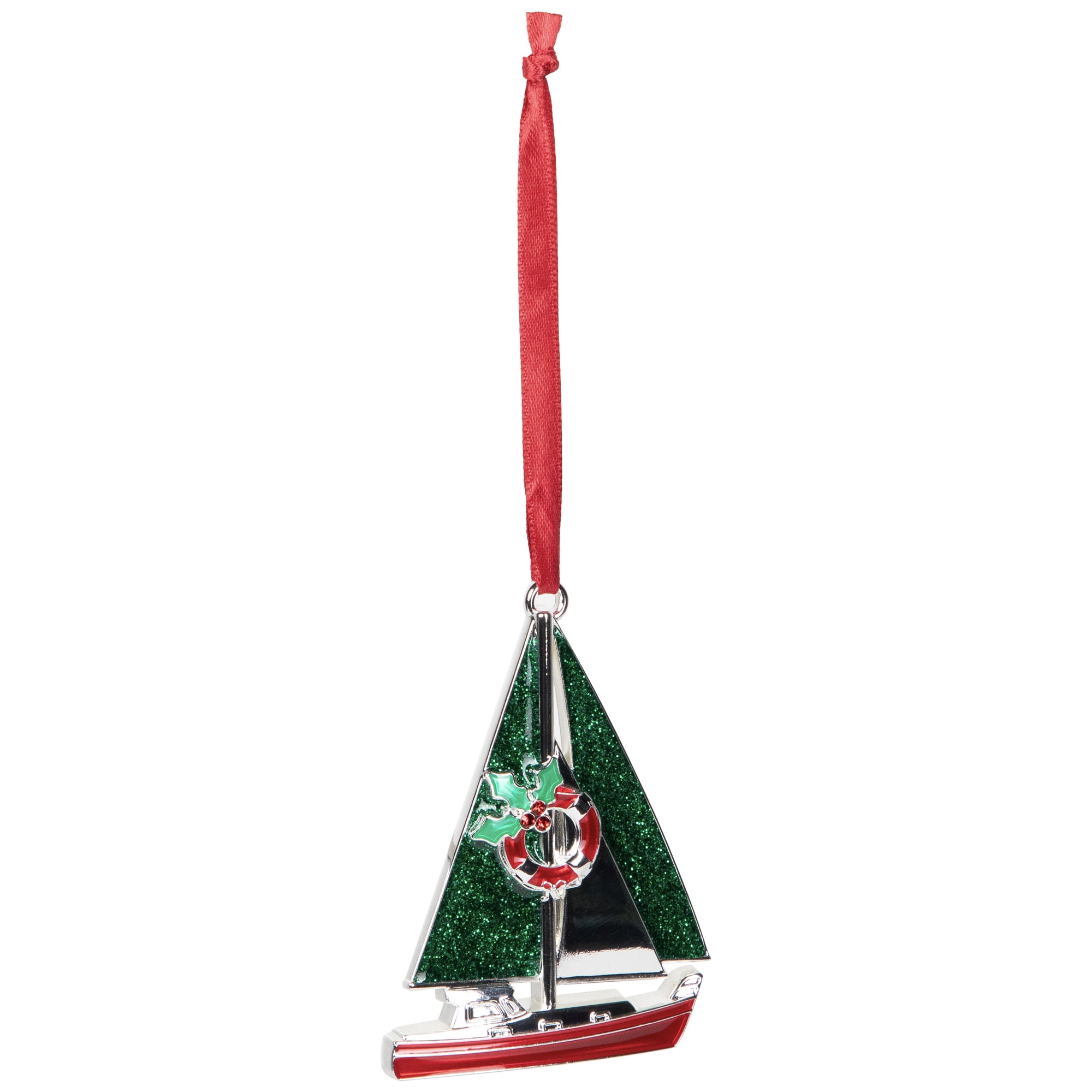 Sailboat with Holly Life Preserver Christmas Ornament - 3.25"