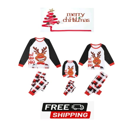 

Christmas Parent-child Outfit Elk Letter Printing Plaid Raglan Long Sleeve Round Collar Sleepwear for Mother/Father/Kid