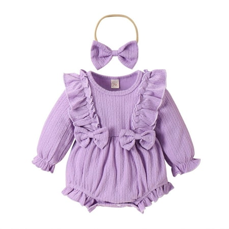 

Toddler Baby Girls Climbing Clothes Long Sleeve Solid Bowknot Romper Bodysuits Headbands Set For 6-12 Months