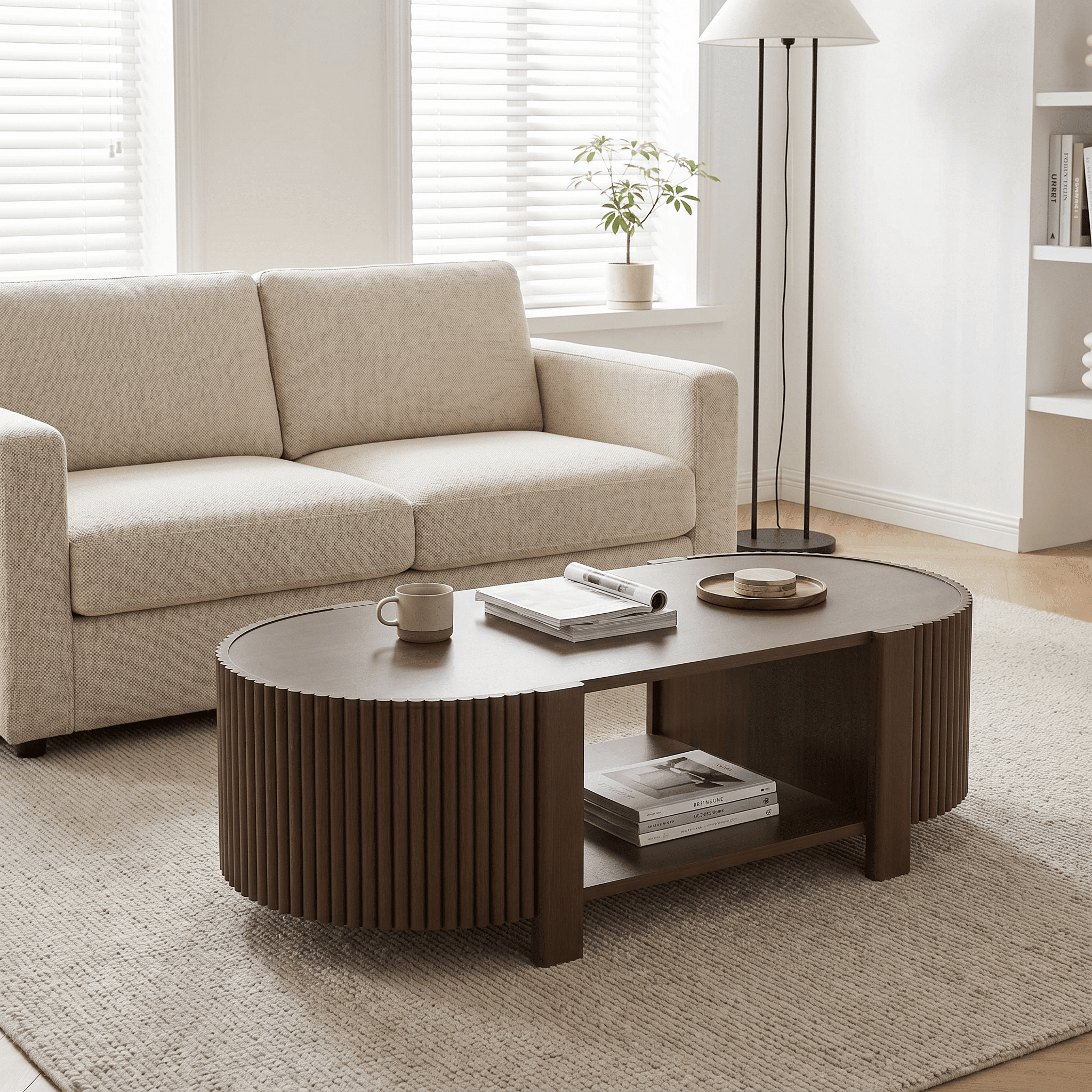 Homy Casa 47" Fluted Coffee Table with Side Storage Cabinets for Living Room Walnut Brown