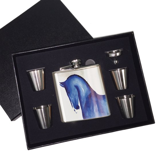 KuzmarK 6 oz. Stainless Steel Flask Set in Black Presentation Box -  Warmblood Sports Horse in Blue Abstract Horse Art by Denise Every