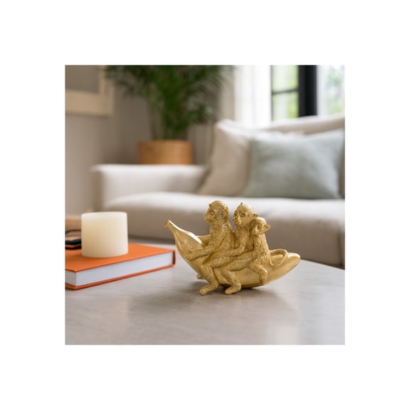 Three Monkeys on Banana Figurine for Home Decor - Animal Sculpture for Bathroom, Office, and Living Room Accent - Playful Ornaments for Shelf or Coffee Table Display - 5", Gold & Metallic