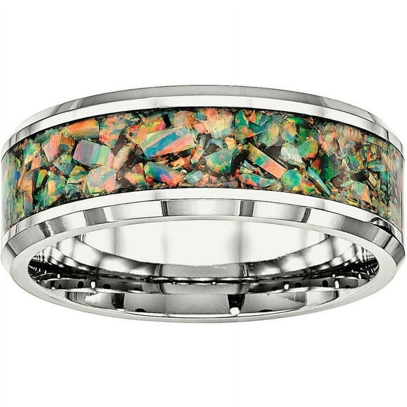 Stainless Steel Polished with Imitation Opal 8mm Men's Ring