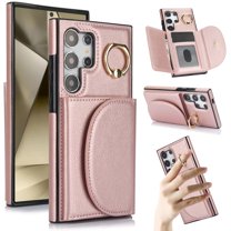 for Samsung Galaxy S25 Ultra Wallet Case with Card Holder Women Men, Flip PU Leather Kickstand Shockproof Protective Phone Cover Magnetic Clasp 360 Rotation Ring Stand for Samsung S25 Ultra, Rosegold