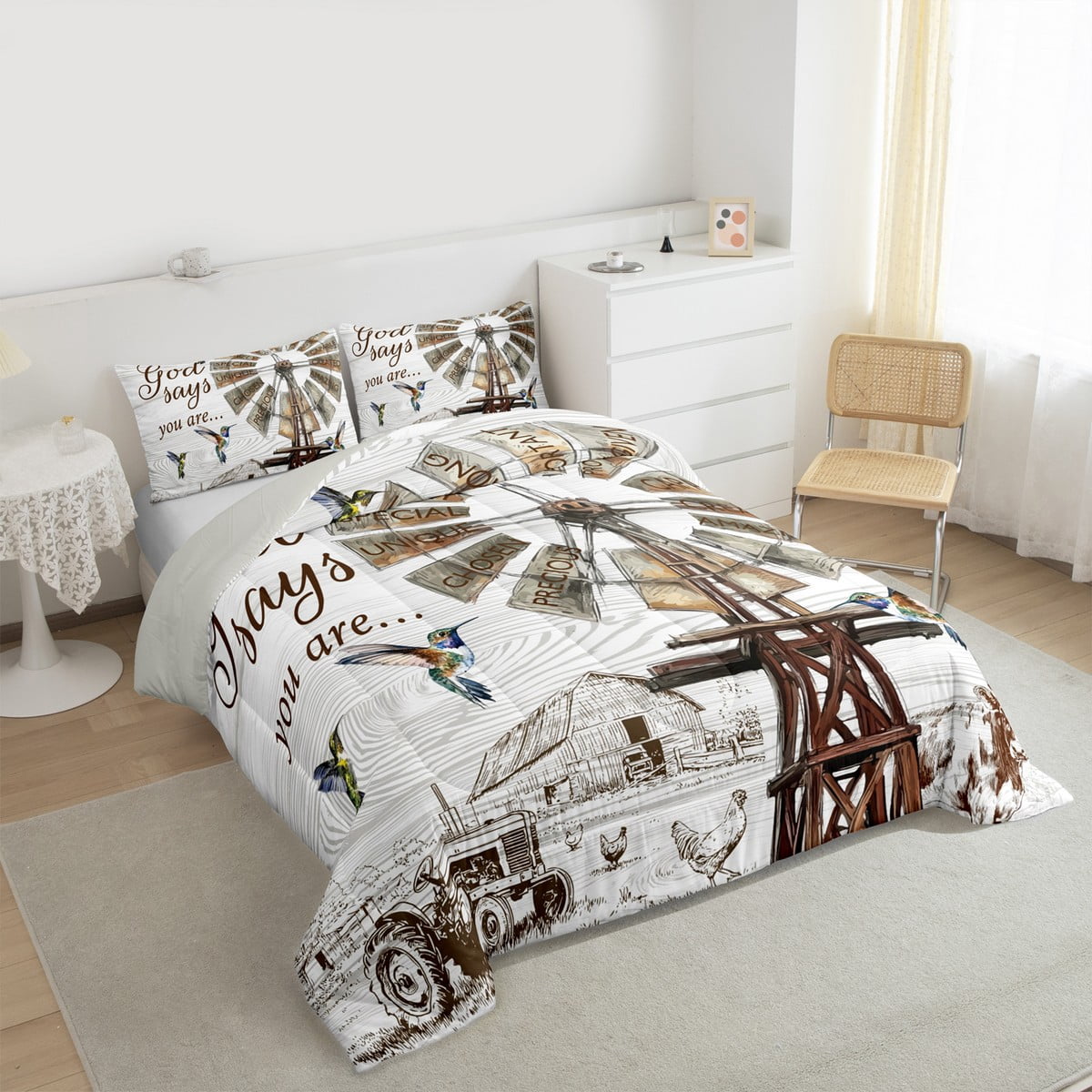 Farmhouse Windmill Comforter Set, Rustic Hummingbird Bedding Set , Farm Cow Rooster Animal Bedding Comforter Sets Western Vintage Wooden Barn Quilt Farmhouse Gifts For Women, Full