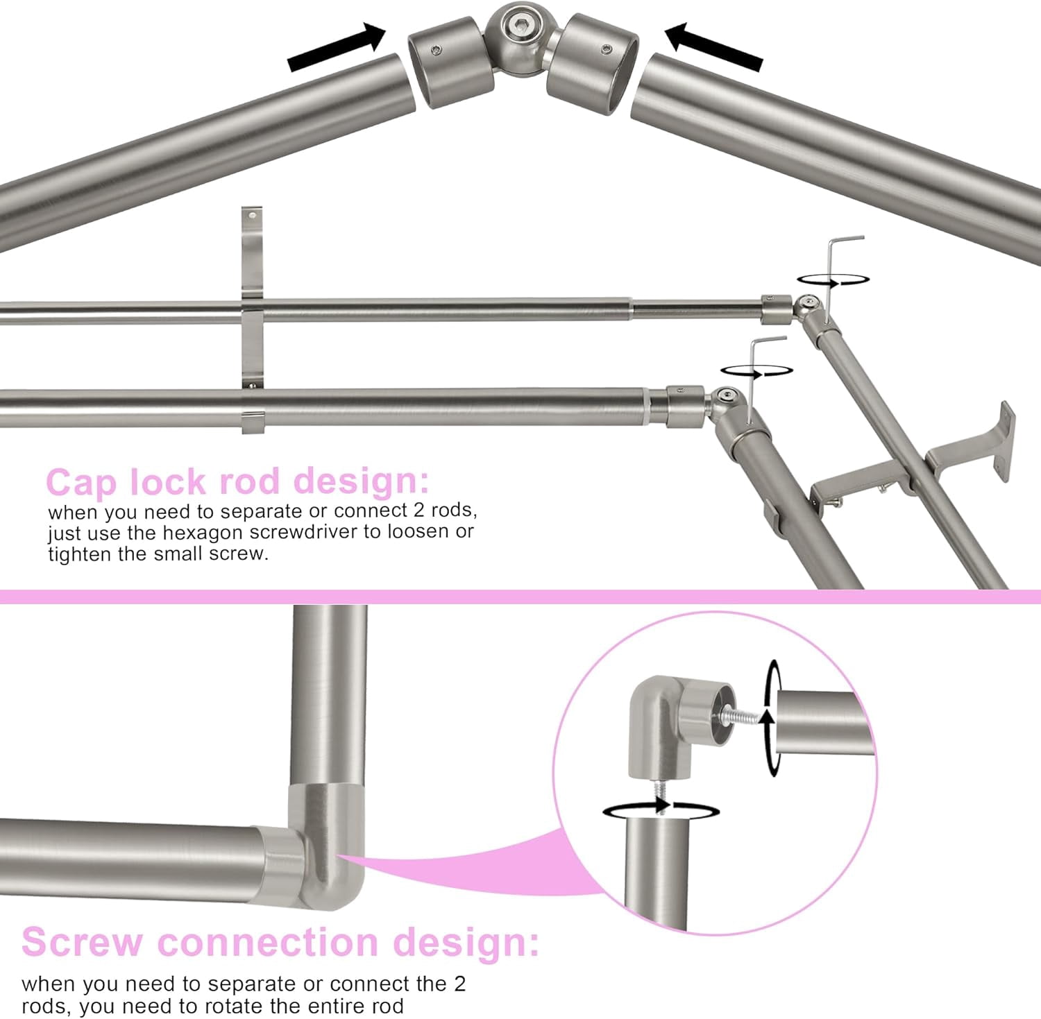 Brushed Nickel Double Corner Window Curtain Rods with Aluminum End Cap Finials and Brackets,1 Inch Diameter Dual Bay Window Curtain Rods, Adjustable 2 Sided 32-58" and 32-86 Center Double Rod