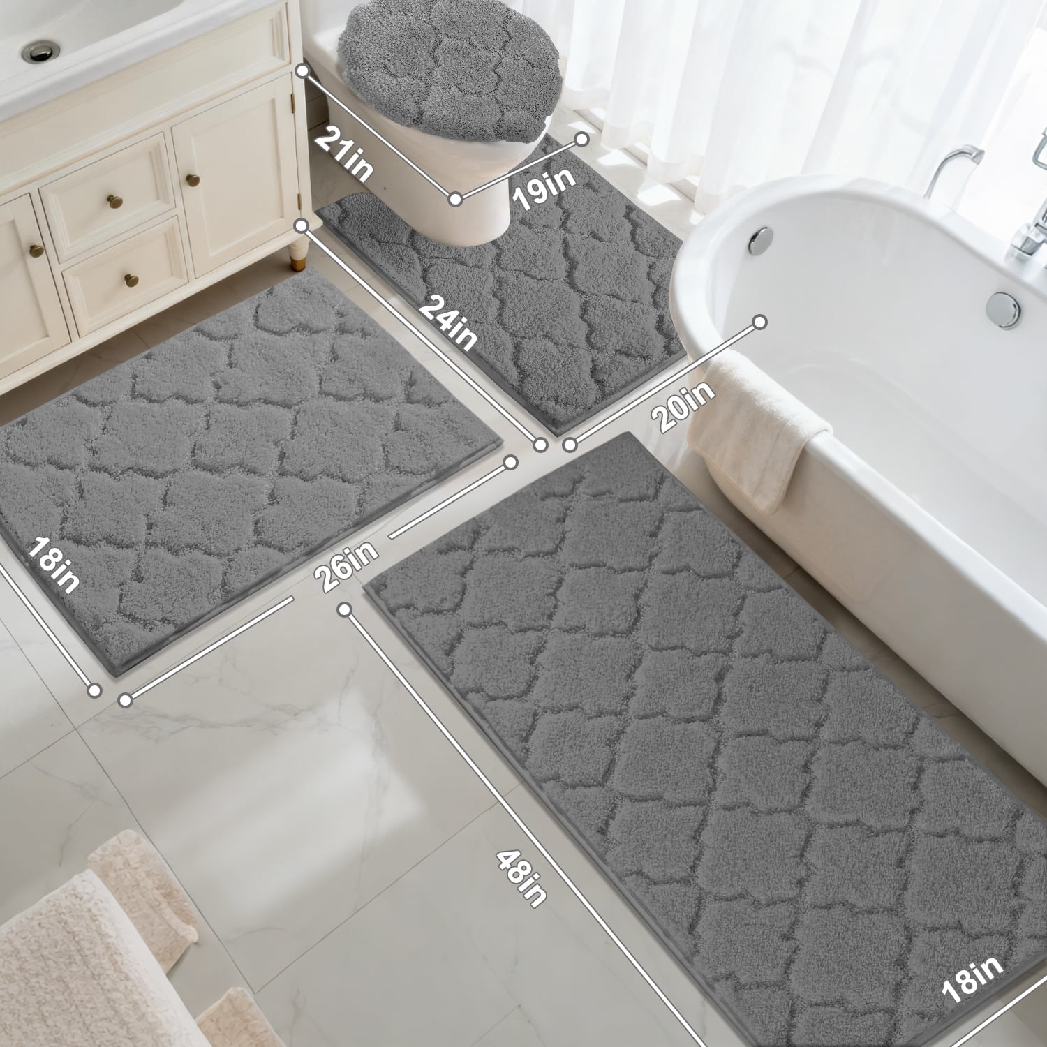 Findosom Bathroom Rugs Sets 4 Pcs with Toilet Lid Cover,U-Shaped Contour Toilet Mat,Non-Slip Machine Washable Absorbentb Rugs and Mats for Bathroom Floor Mats Microfiber Shaggy Bath Rug,Gray