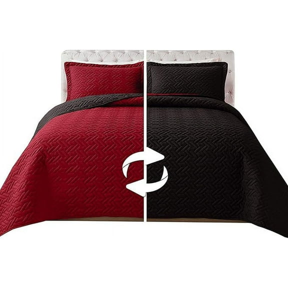 Elegant Comfort 3-Piece Quilted Reversible Bedspread Coverlet Set with Pillow Shams, Exquisite Majestic Stitching All Season Heavy Weight - Ultra Soft Premium Quilt- California King, Black/Burgundy