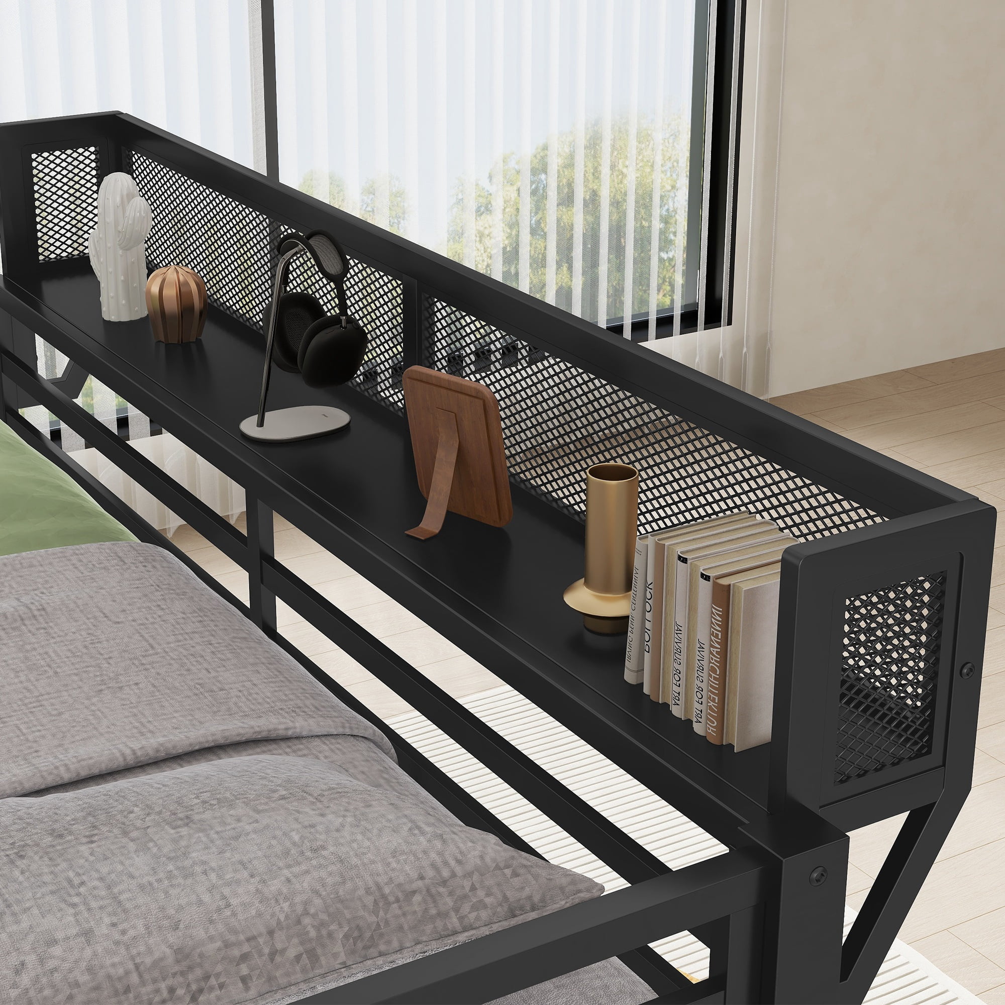HOQBN Bunk Bed Queen over Queen,Heavy Duty Metal Bunk Bed Frame with Storage Shelf and Ladder,Black