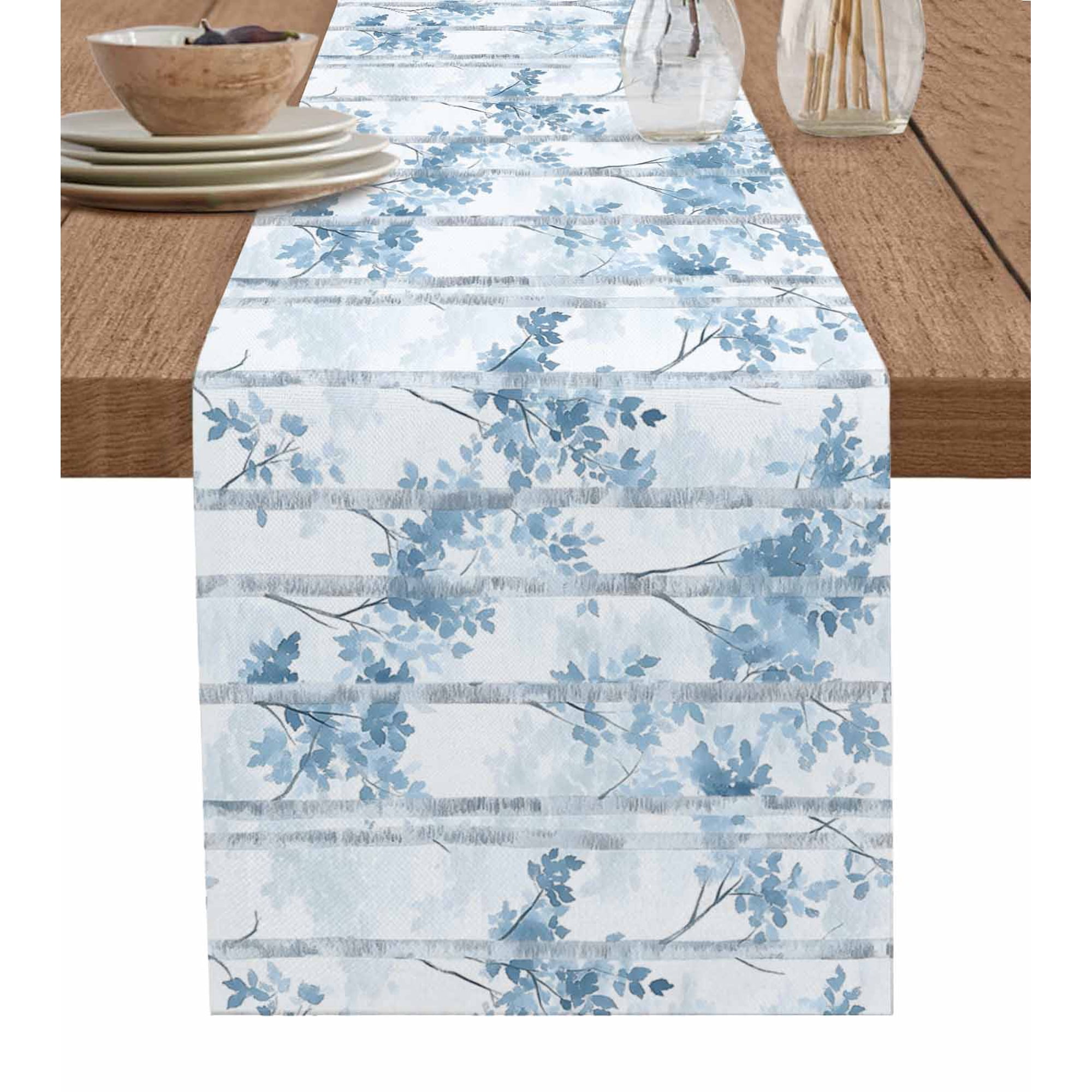 Boanket Blue Grey Leaves Table Runner - 70 Inch Long Kitchen Dining Table Runner Dresser Scarves Vintage Forest Branches Farmhouse Decor for Coffee Tables Wedding Party Banquet