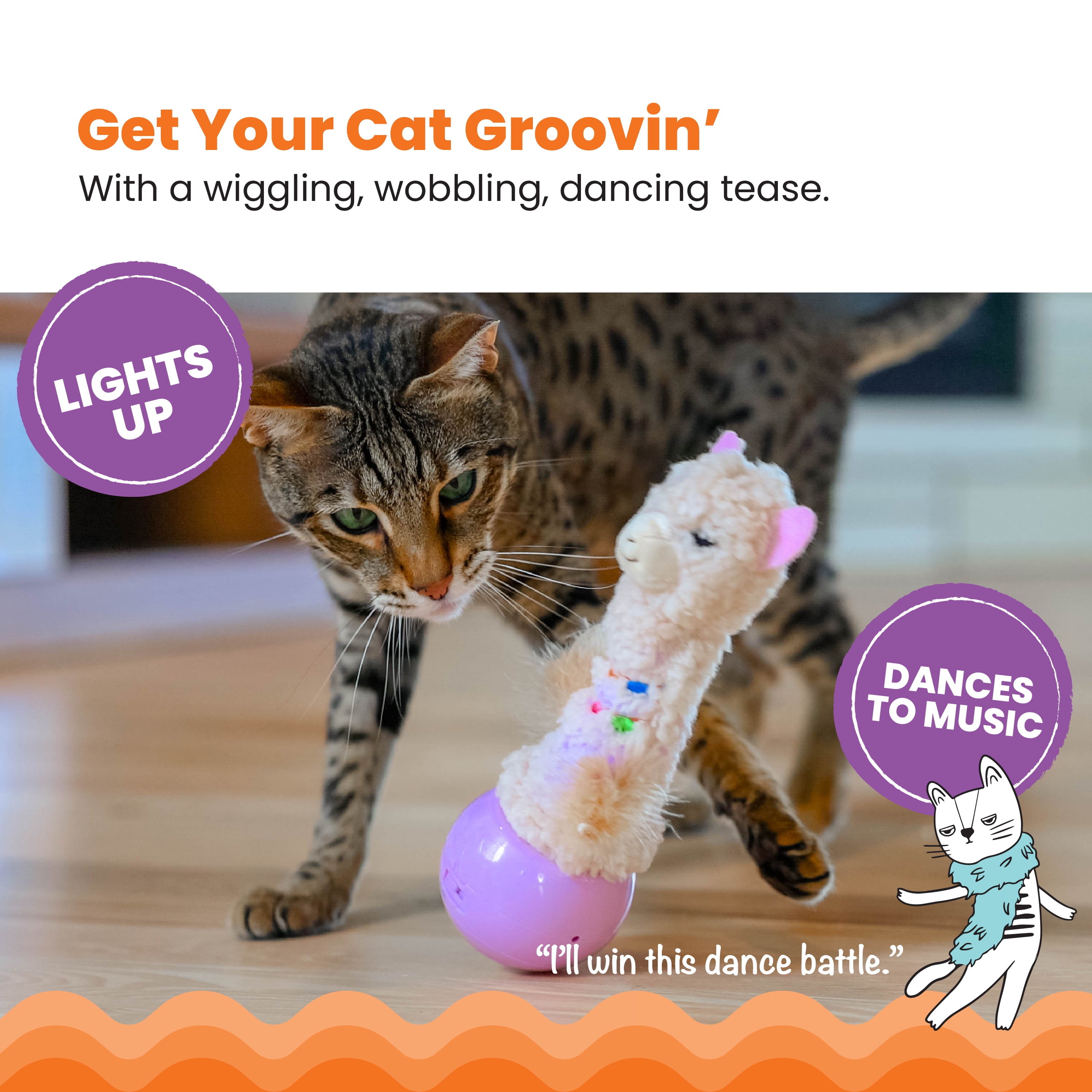 Catstages Electronic Dancing Llama Interactive Cat Toy, Wobbles and Plays Music, Battery Powered, Plush, White