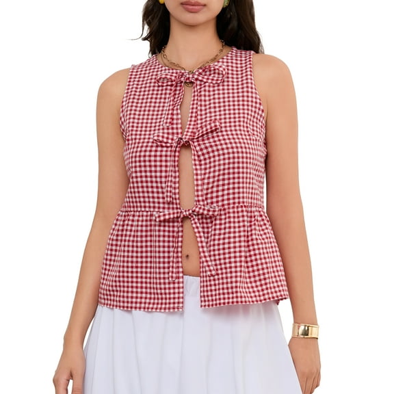 Michellecmm Women's Plaid Print Tank Tops Sleeveless V-Neck Bow Tie Front Vest
