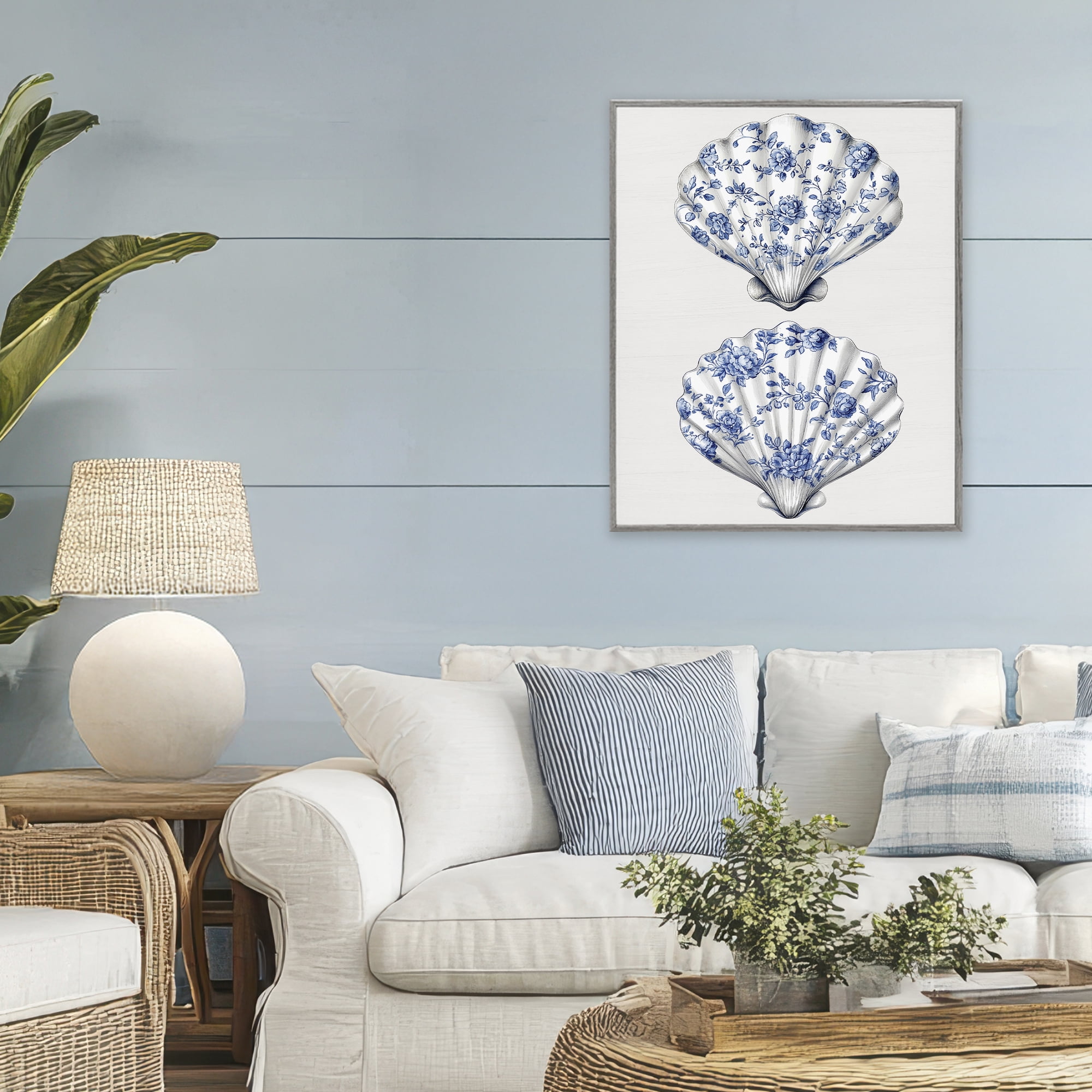 Delicate Toile Seashells Gray Framed Giclee Art, design by Lettered and Lined