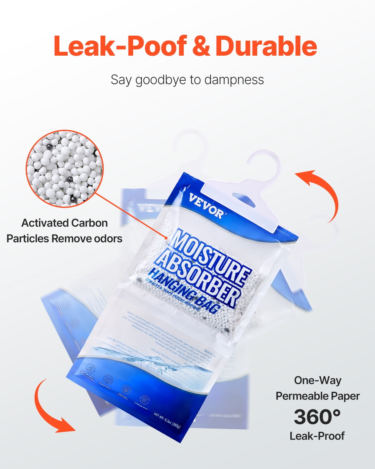 VEVOR Hanging Moisture Absorber, 9.3 oz Hanging Closet Dehumidifier Bags(10 Packs), Fragrance Free Moisture Bags in Wardrobes, Bedrooms, Bathrooms
