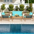 thumbnail image 1 of Costway 4PCS Patio Rattan Furniture Set Acacia Wood Cushioned Sofa Turquoise, 1 of 9