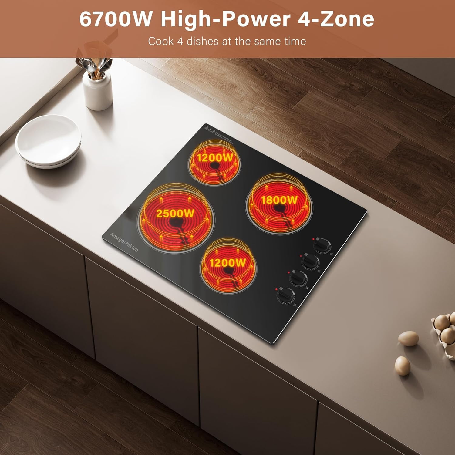 2 4 5 Burner Electric Cooktop 220V~240V, 12 24 30 Inch Built-in 3000W Ceramic Stove Top with Child Safety Lock, Timer & Residual Heat Indicator, Hard Wire(No Plug) for Modern Kitchens