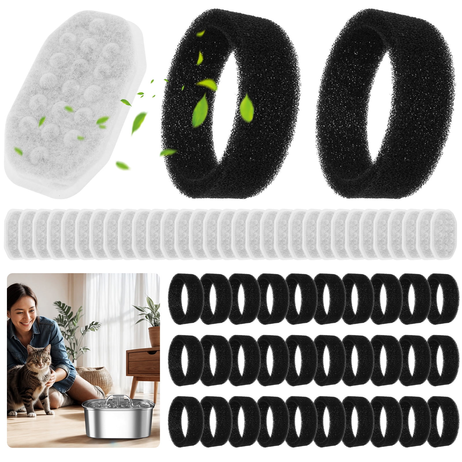 Ikoopy 64 Pack Cat Fountain Replacement Filter for Stainless Steel 108oz/3.2L Adjustable Water Flow Pet Water Fountain (32 Filter and 32 Sponge)