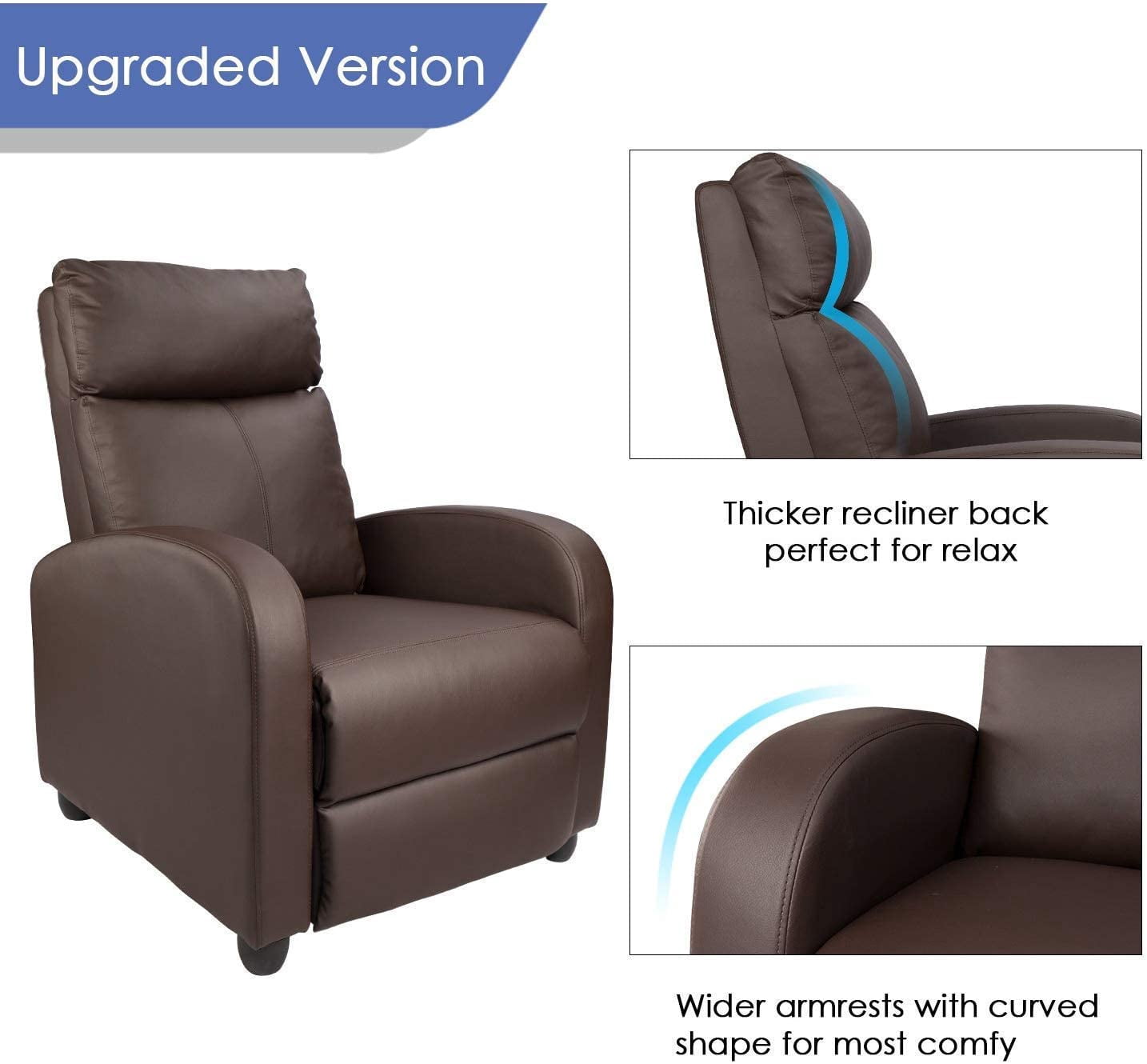 Walnew Brown PU Leather Single Sofa Recliner with Padded Seat and Backrest, Multi-Positions